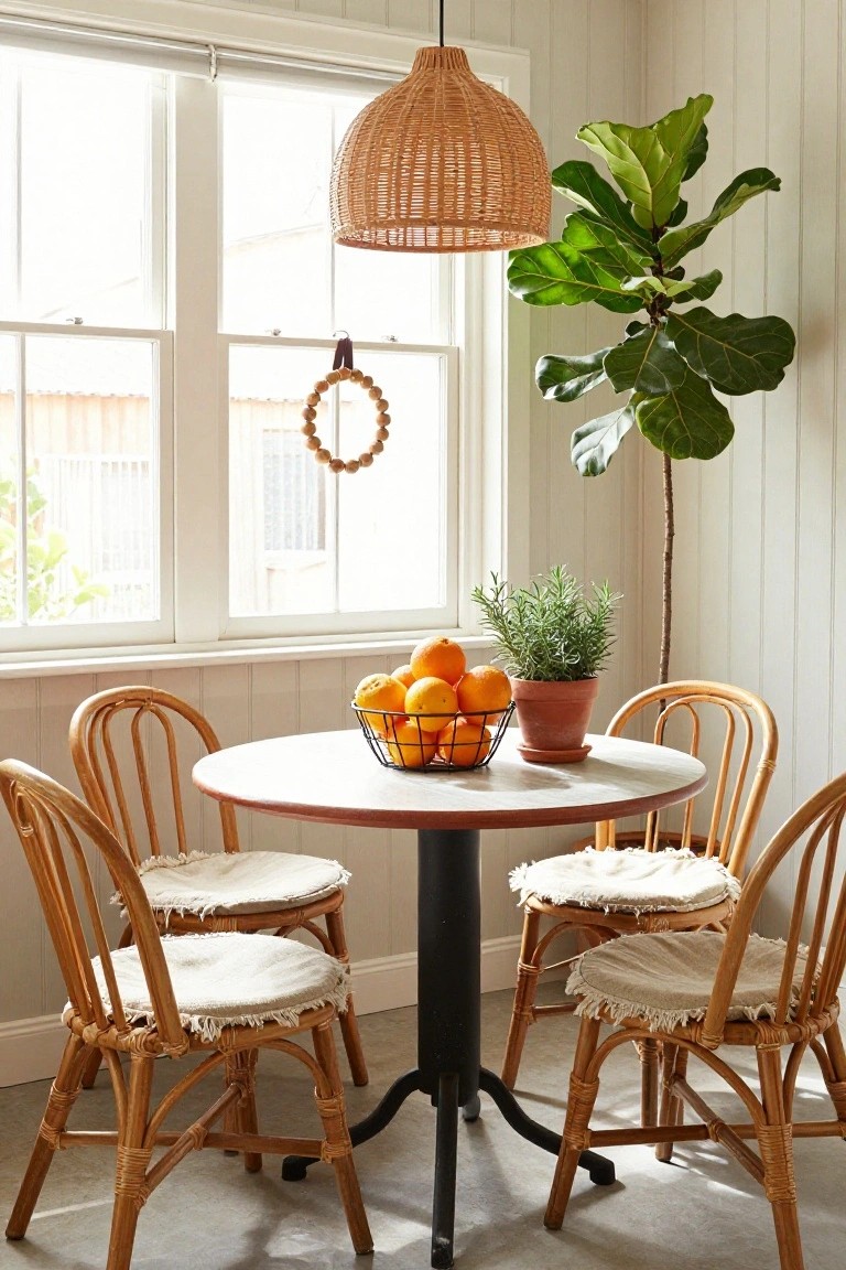 Rustic wooden bead wreath with white berries and leaves hanging above wooden kitchen shelves holding jars, plates, copper pots, spices, next to a white farmhouse sink with gold faucet.