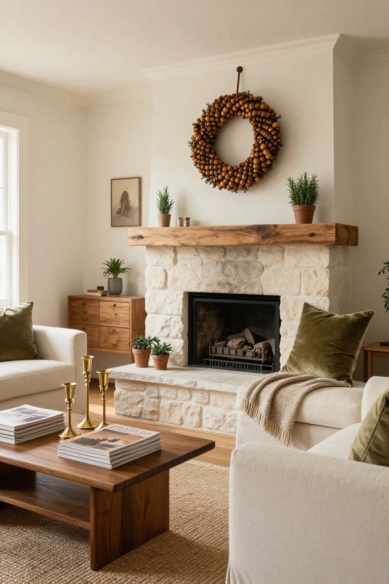 A rustic Christmas wreath made of wooden beads, pinecones, and greenery with a beige bow hangs centered above a wooden mantel on a gas fireplace with burning logs, flanked by brass candlesticks and shelves in a warmly lit living room.