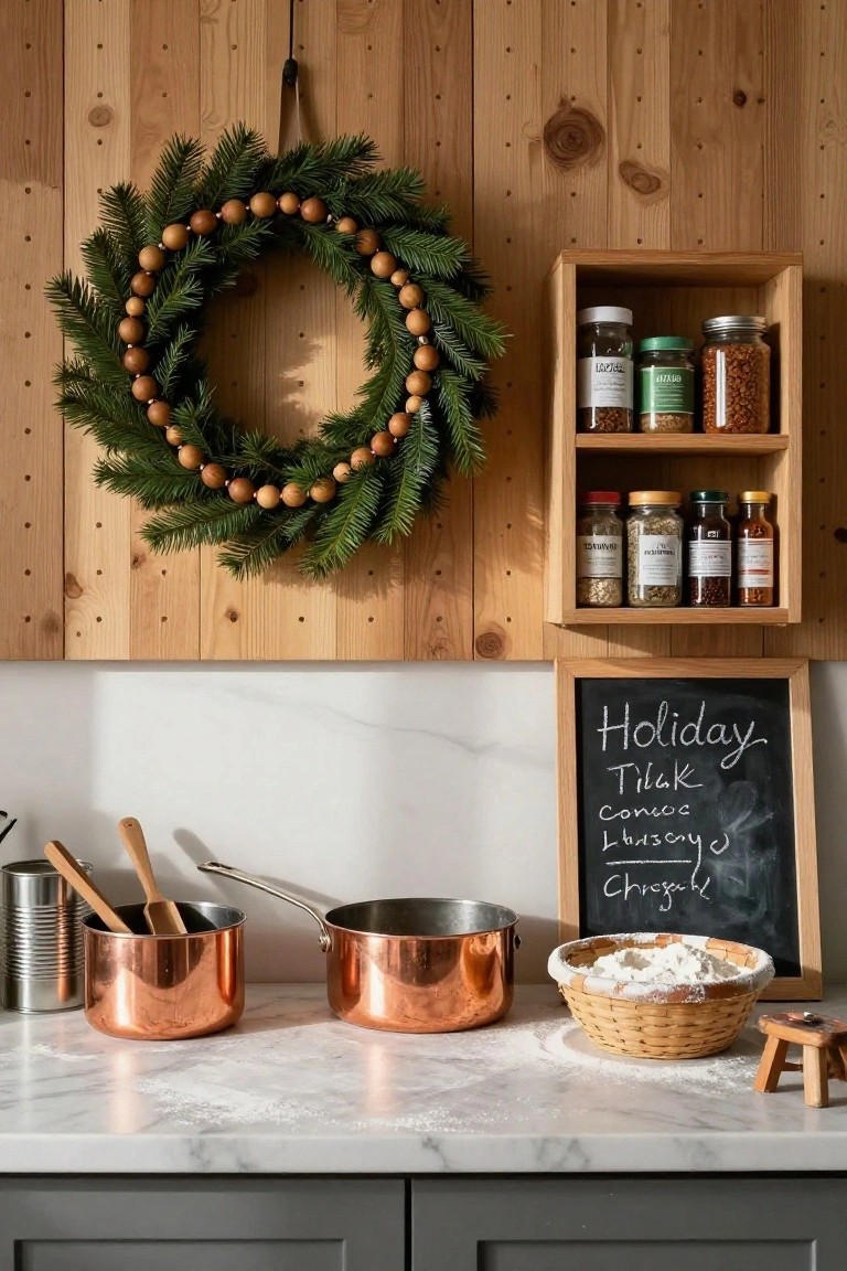 Kitchen island with three wooden bar stools wrapped in wooden bead wreaths at the back, marble countertop, brass pendant lights overhead, open wooden shelving with dishes and copper pots, and a small chalkboard sign nearby.