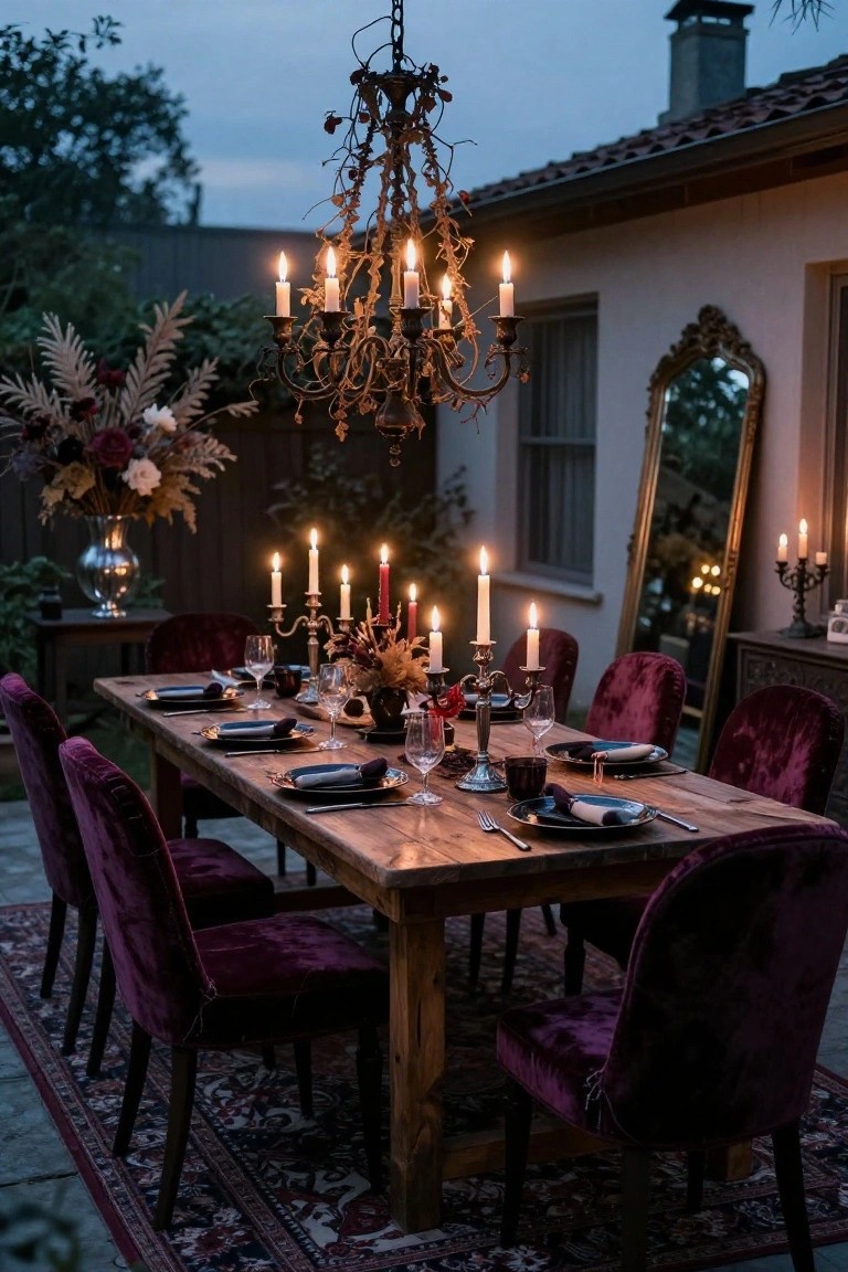 Long wooden dining table on a stone patio at dusk, set with dark plates, glassware, candelabras, and purple velvet chairs, under a large wrought-iron chandelier with burning candles, beside a house wall with windows and a tall gold mirror.