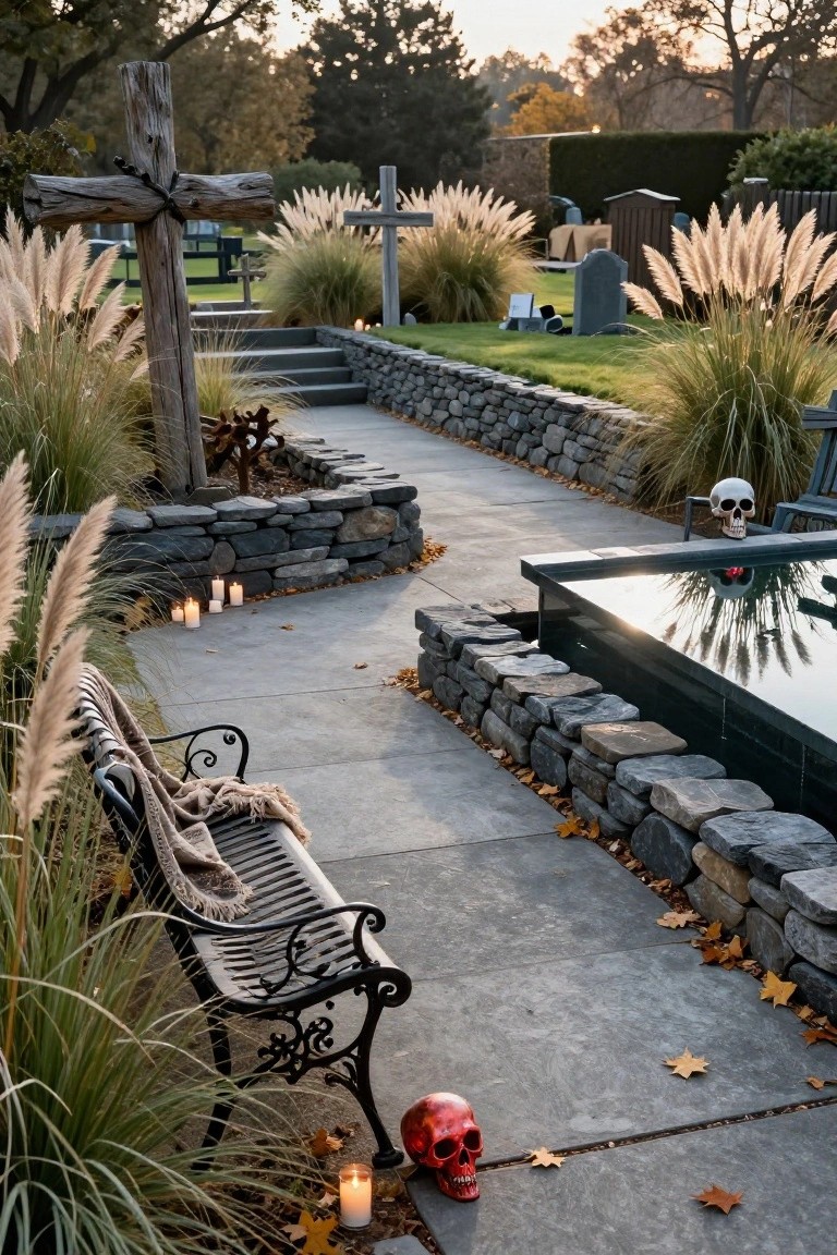 Winding stone pathway in a backyard Halloween graveyard setup with tall pampas grasses, dry stone walls, rustic wooden crosses, a metal bench, skulls, and candles.