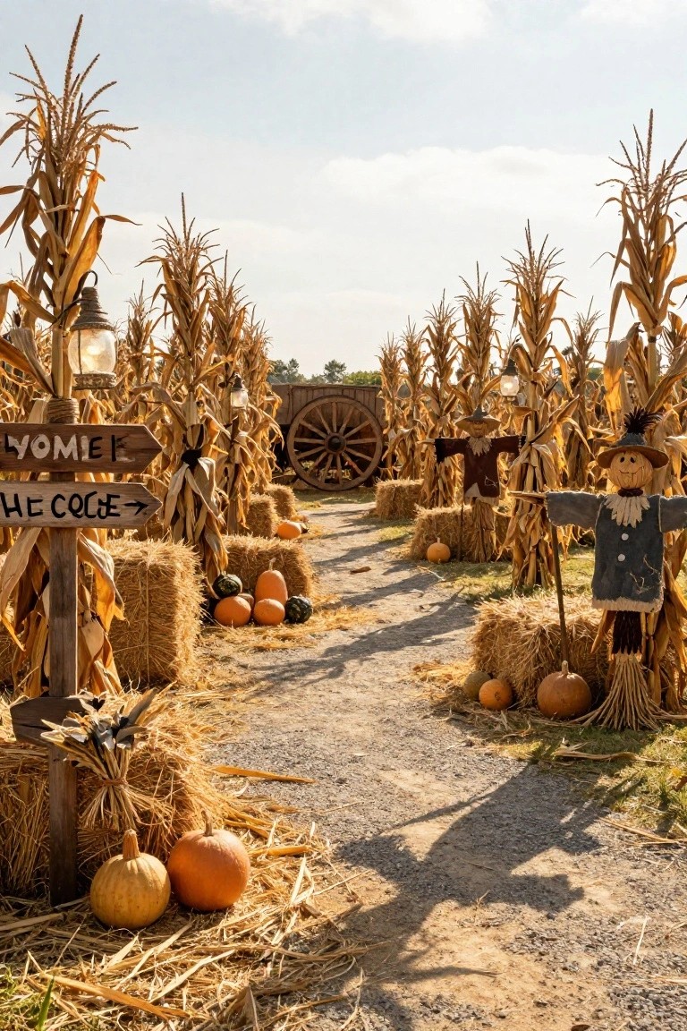 Gravel pathway through tall corn stalks lined with hay bales, pumpkins, lanterns, scarecrows, and a wooden sign reading "KUKURYDZIANE LABIRYNTH" and "CORN MAZE" with a wagon wheel nearby.