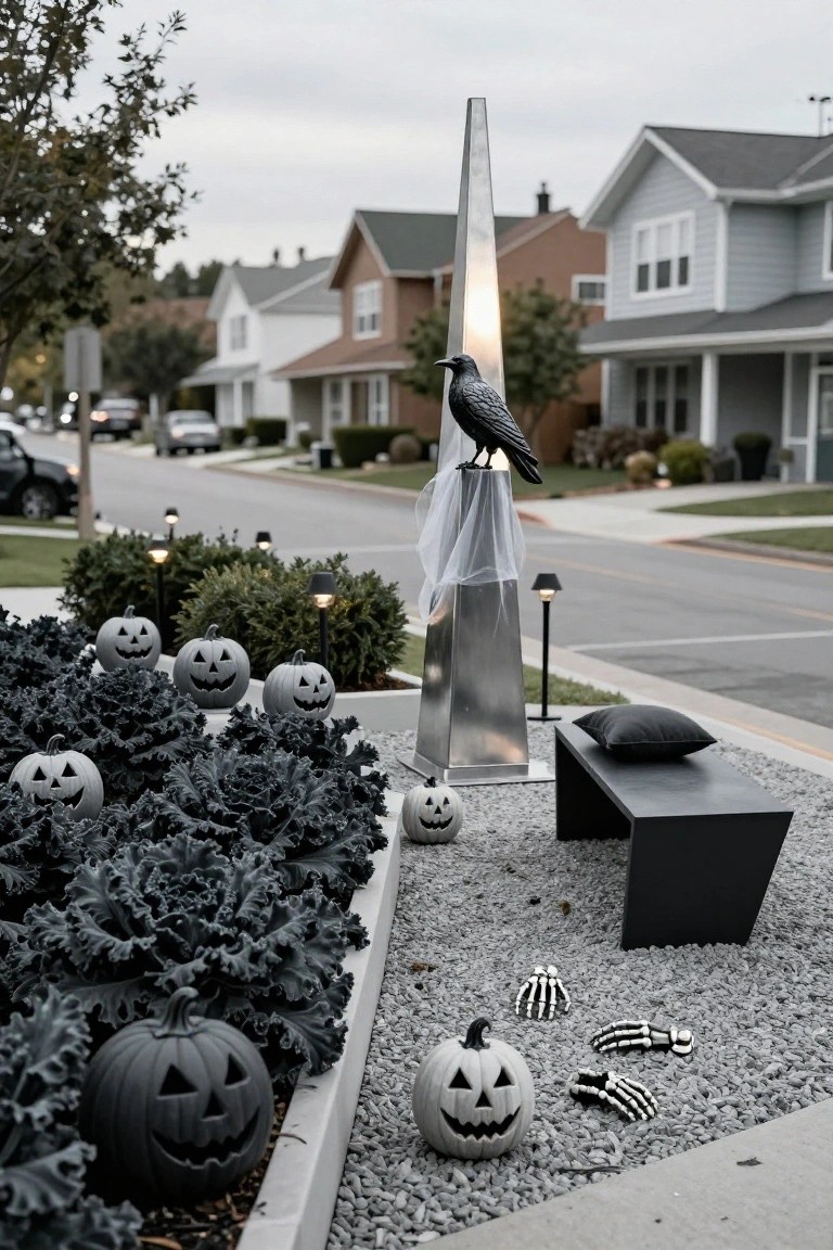 Tall metallic obelisk topped with a black crow and draped in white fabric in a front yard planting bed filled with dark grey jack-o-lanterns among curly kale plants, skeleton hands on gravel nearby, black bench, and neighborhood houses and street in the background.