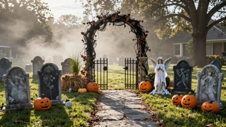 Wrought-iron arched gate draped in black webbing and vines at a cemetery entrance, with a white angel statue centered inside, tombstones on both sides, and carved orange pumpkins lining a stone pathway through green grass.