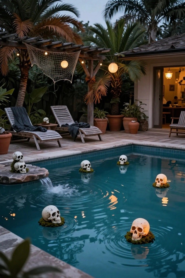 Backyard pool area at dusk with white plastic skulls on green moss bases floating in turquoise water, lounge chairs with dark blankets nearby, potted plants, palm trees, netted pergola with string lights and lanterns.