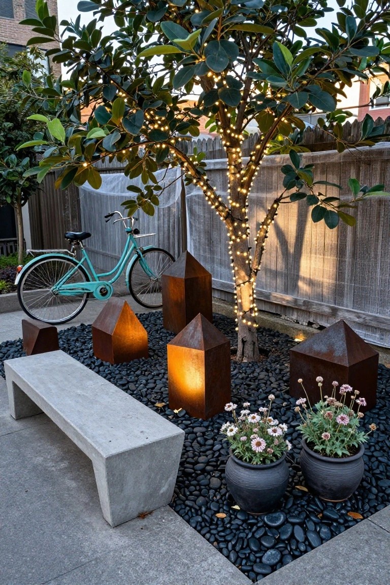 Backyard gravel patio area with black pebbles, concrete bench, turquoise bicycle leaning nearby, several tall rusted metal pyramid sculptures glowing with orange light from within, string lights wrapped around a tree trunk, potted daisies in gray pots, wooden fence and brick wall in background.