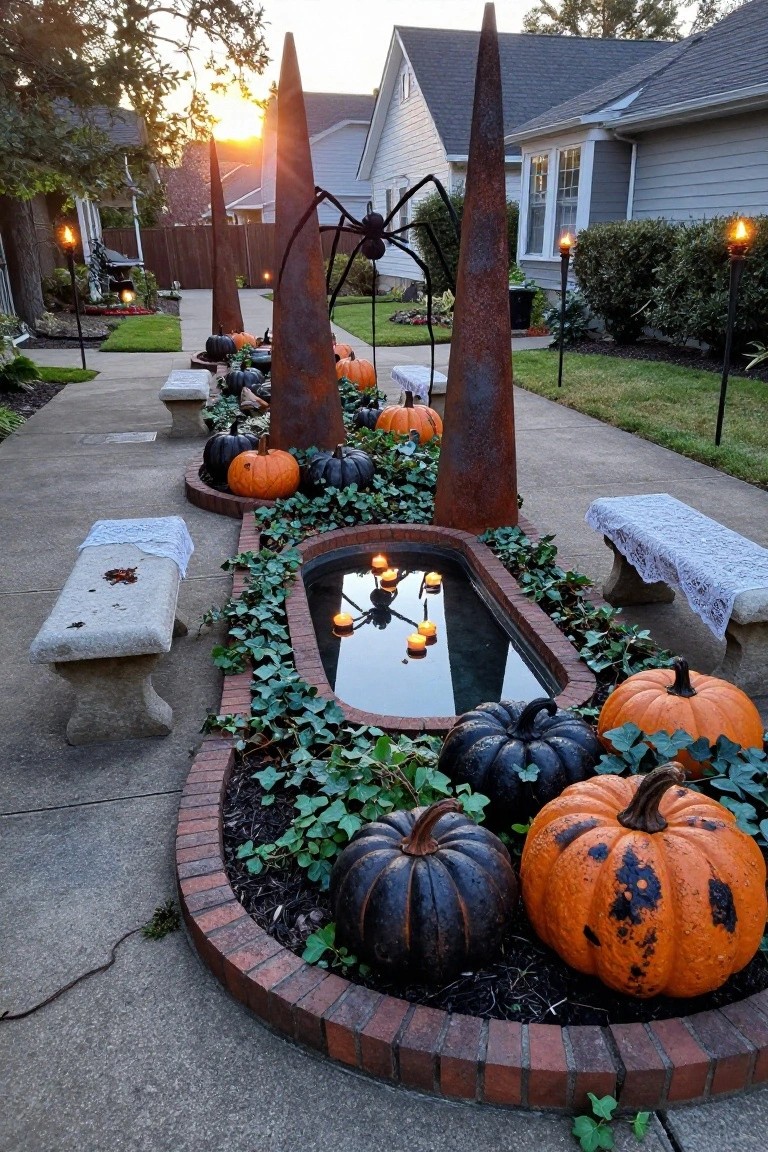 Concrete walkway in a yard decorated for Halloween with tall rusted metal spikes, giant spider sculpture, torches, pumpkins, stone benches draped in white lace, and central oval brick bed of ivy surrounding a shallow reflecting pool with floating candles.