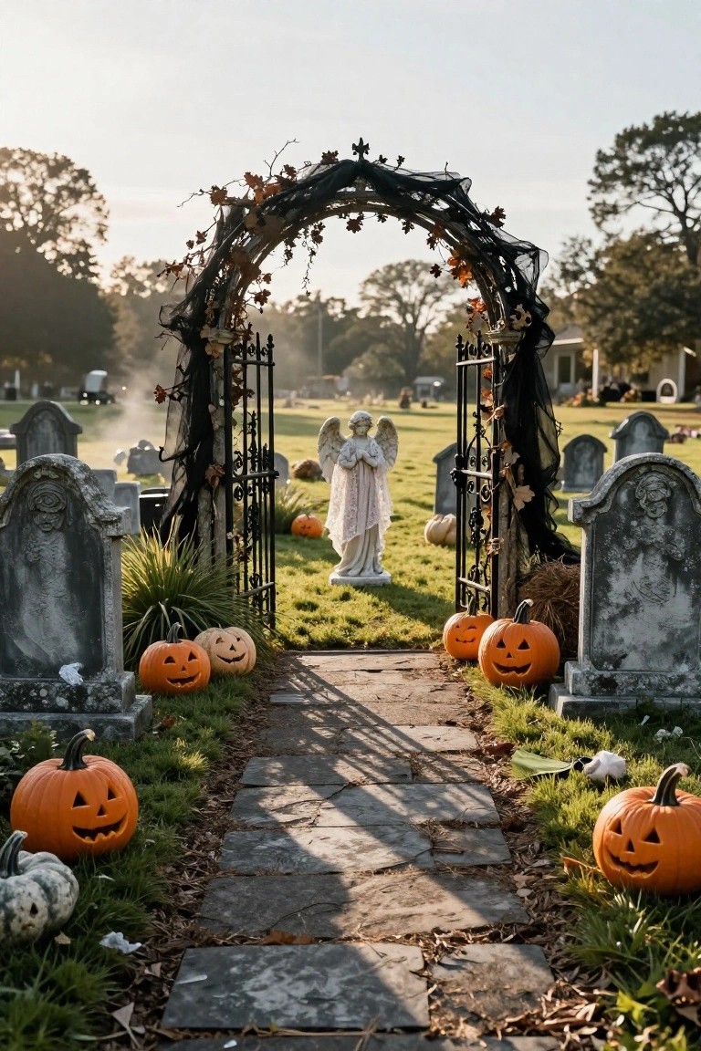 Wrought-iron arched gate draped in black webbing and vines at a cemetery entrance, with a white angel statue centered inside, tombstones on both sides, and carved orange pumpkins lining a stone pathway through green grass.