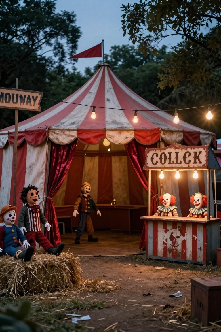 Weathered striped circus tent with entrance curtains and a wooden ticket booth labeled COLLECKK featuring two clown dolls inside, flanked by other creepy puppet figures on hay bales in a yard at dusk with string lights and trees.