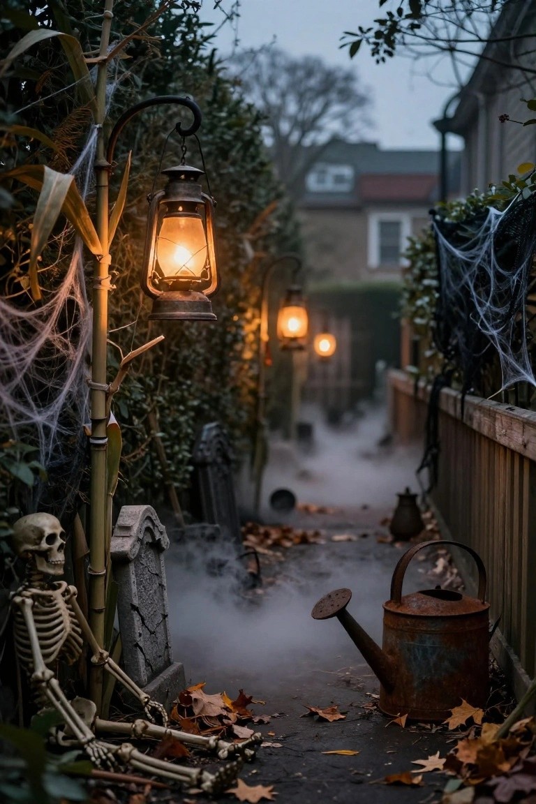 Narrow outdoor pathway between hedges and wooden fences decorated for Halloween with hanging lanterns, cobwebs, cornstalks, a skeleton propped by a gravestone, ground fog, spider webs, and scattered leaves.