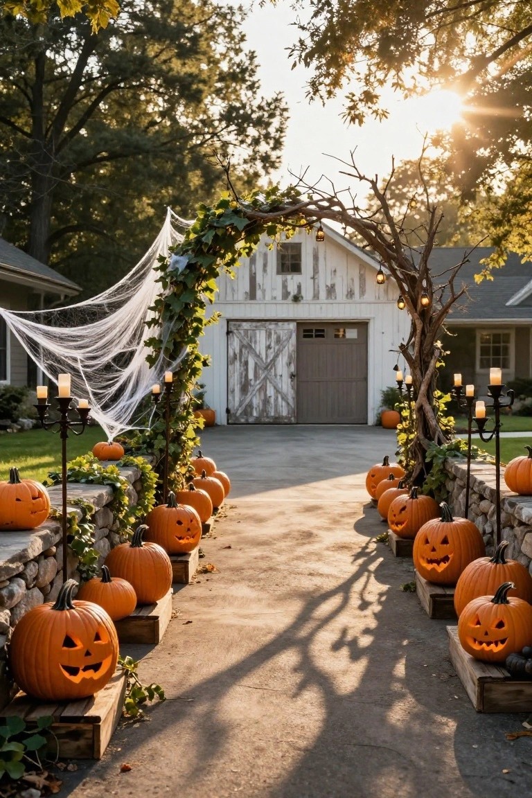 A driveway path lined with carved orange jack-o-lantern pumpkins elevated on wooden crates beside ivy-draped stone walls, under a twig archway with cobwebs and lanterns leading to barn-style doors.