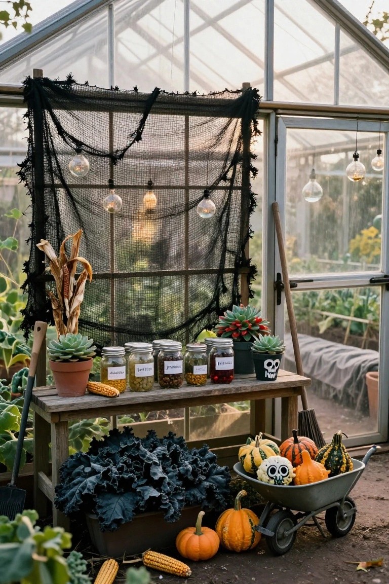 Rustic wooden bench outside a greenhouse holding labeled glass jars with beans and spices, potted succulents including one in a skull pot, corn cobs, next to a wheelbarrow of pumpkins and spooky spider web netting with hanging lights.