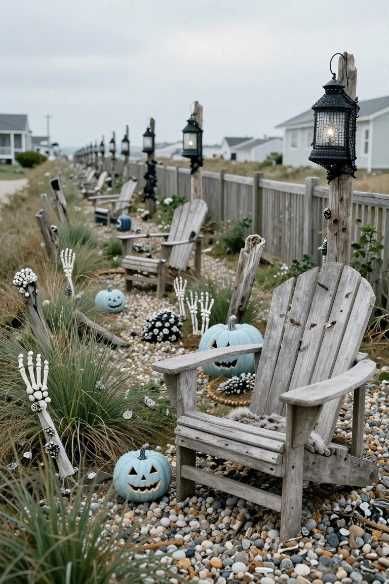 Gravel pathway lined with weathered Adirondack chairs, blue carved pumpkins, white plastic skeletons, and black lanterns mounted on wooden posts along a gray fence near beach cottages under cloudy skies.