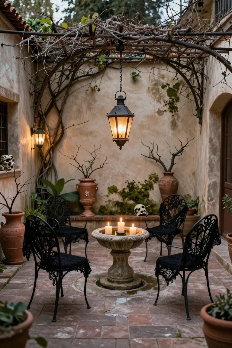 Outdoor courtyard patio with black wrought-iron chairs draped in lace arranged around a central stone fountain lit by candles, surrounded by terracotta pots, skulls, dried branches, and hanging lanterns under vine-covered arches.