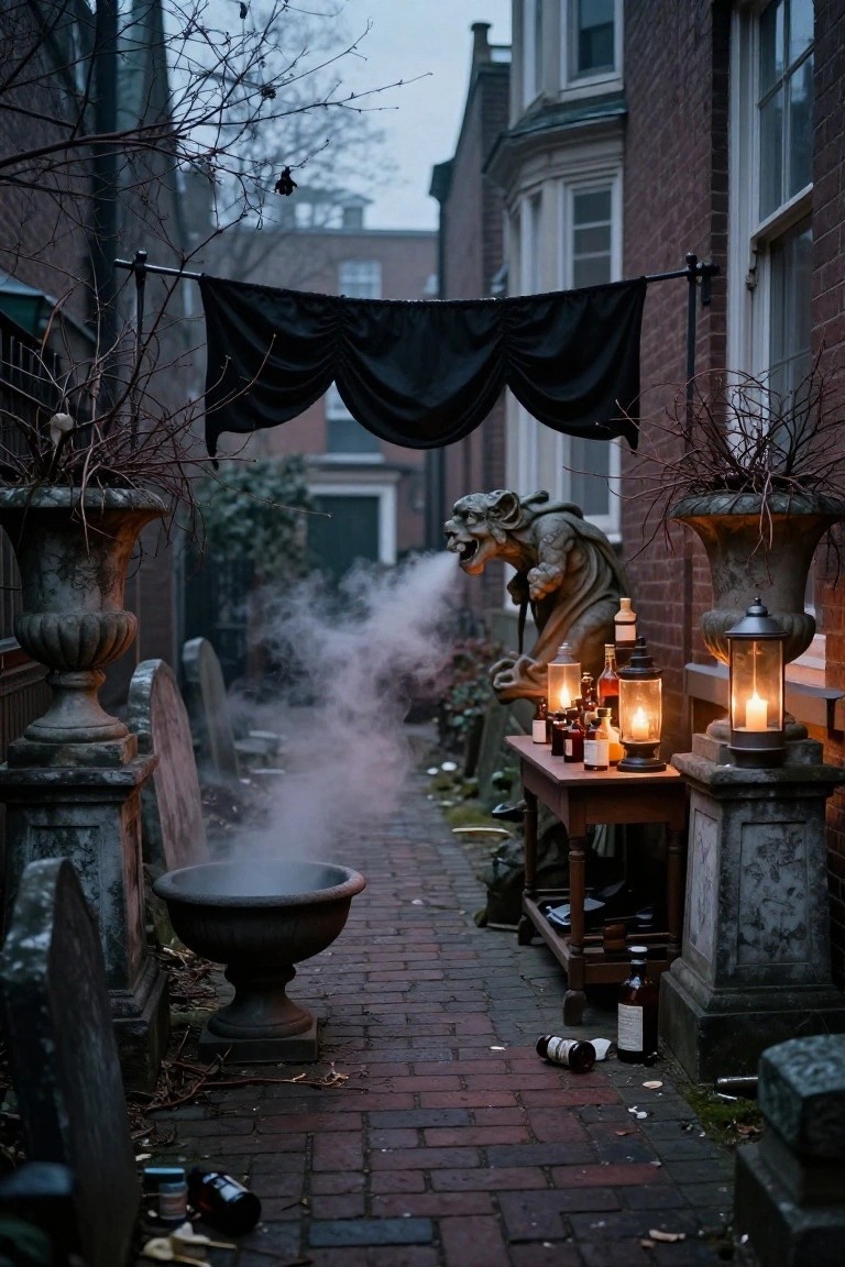 Narrow brick pathway flanked by urns, gravestone props, gargoyle statues, a foggy cauldron, lantern-lit table with potion bottles, and black drapes hanging over a brick alleyway.