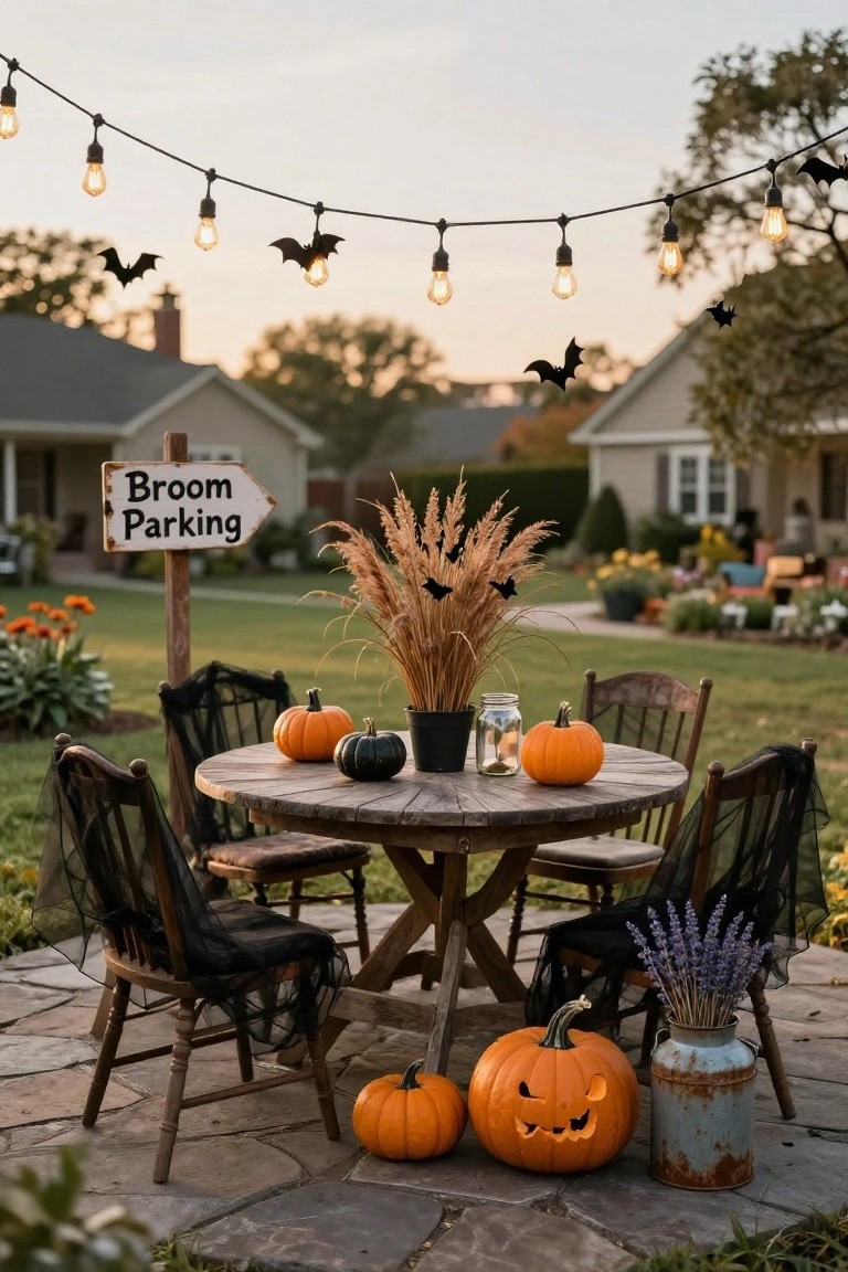 Rustic round wooden table on stone patio surrounded by wooden chairs draped in black netting, topped with pumpkins, pampas grass, and a glass jar, with a "Broom Parking" sign on a post nearby and string lights with bat shapes overhead at dusk.