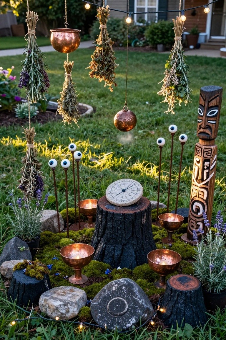 Halloween yard installation with a central tree stump altar holding copper candle bowls, surrounded by rocks, moss, and black stumps, plus hanging dried herbs, googly eyes on metal rods, a tiki idol, copper orbs, a sundial, and string lights in front of a house.