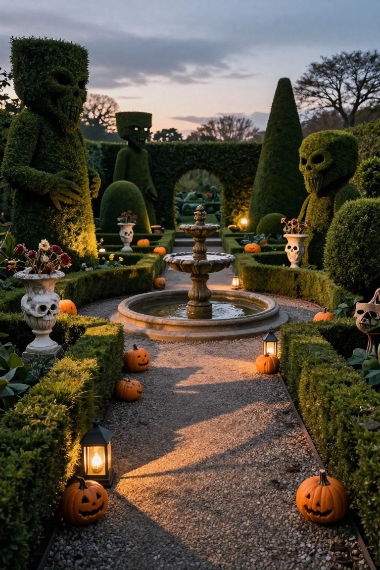 A gravel garden path at dusk lined with tall boxwood topiaries sculpted into skull-faced figures and skeletons, flanked by hedges, orange pumpkins, skull urns, lanterns, and a central stone fountain.