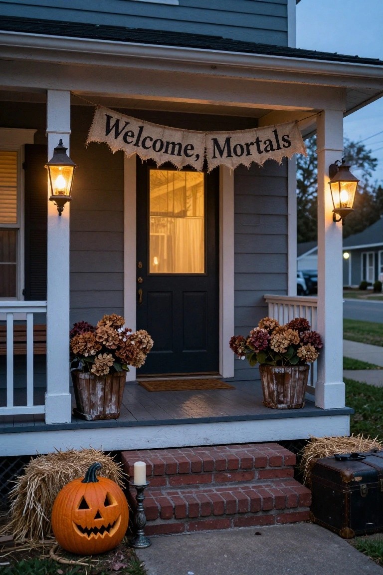 Gray clapboard house exterior at dusk with white porch, dark wood front door, burlap banner reading "Welcome, Mortals" hung across porch posts, lanterns on posts, potted flowers, hay bales, jack-o-lantern pumpkin, candle, and vintage suitcase near brick steps.