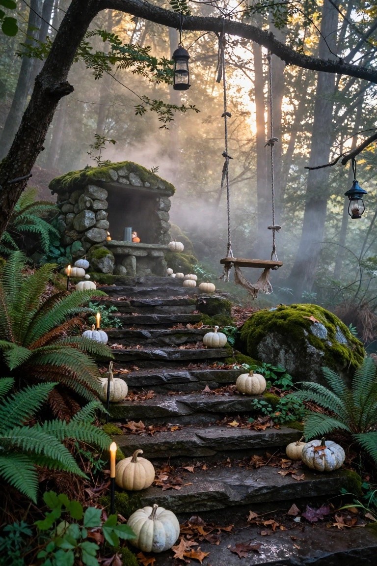 Foggy woodland stone staircase lined with white pumpkins and candles, leading to a moss-covered stone shrine surrounded by ferns, with hanging lanterns from trees.