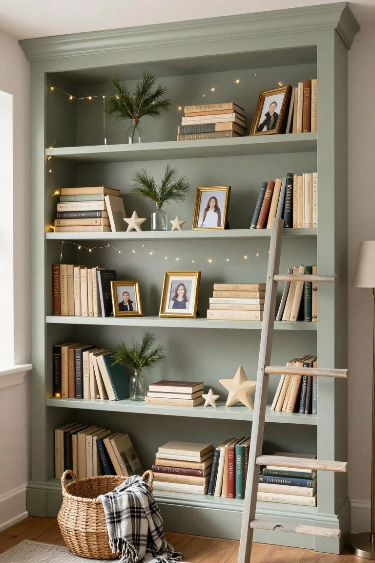 Tall sage green built-in bookshelf filled with books and framed photos, decorated with fairy lights, pine branches in glass vases, white star ornaments, and a wooden library ladder leaning against it.