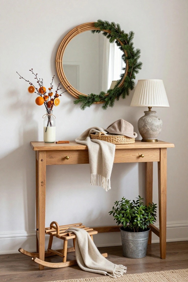 Wooden console table against a white wall holding a cream wool throw, woven basket with beige hat, gray ceramic lamp, glass milk bottle vase with dried orange branches and cinnamon sticks, next to a round rattan mirror framed by pine garland, with a small potted plant in metal bucket and wooden rocking horse on the floor.