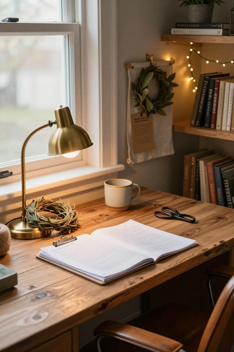 Cozy Desk Nook with Natural Wreath Accents
