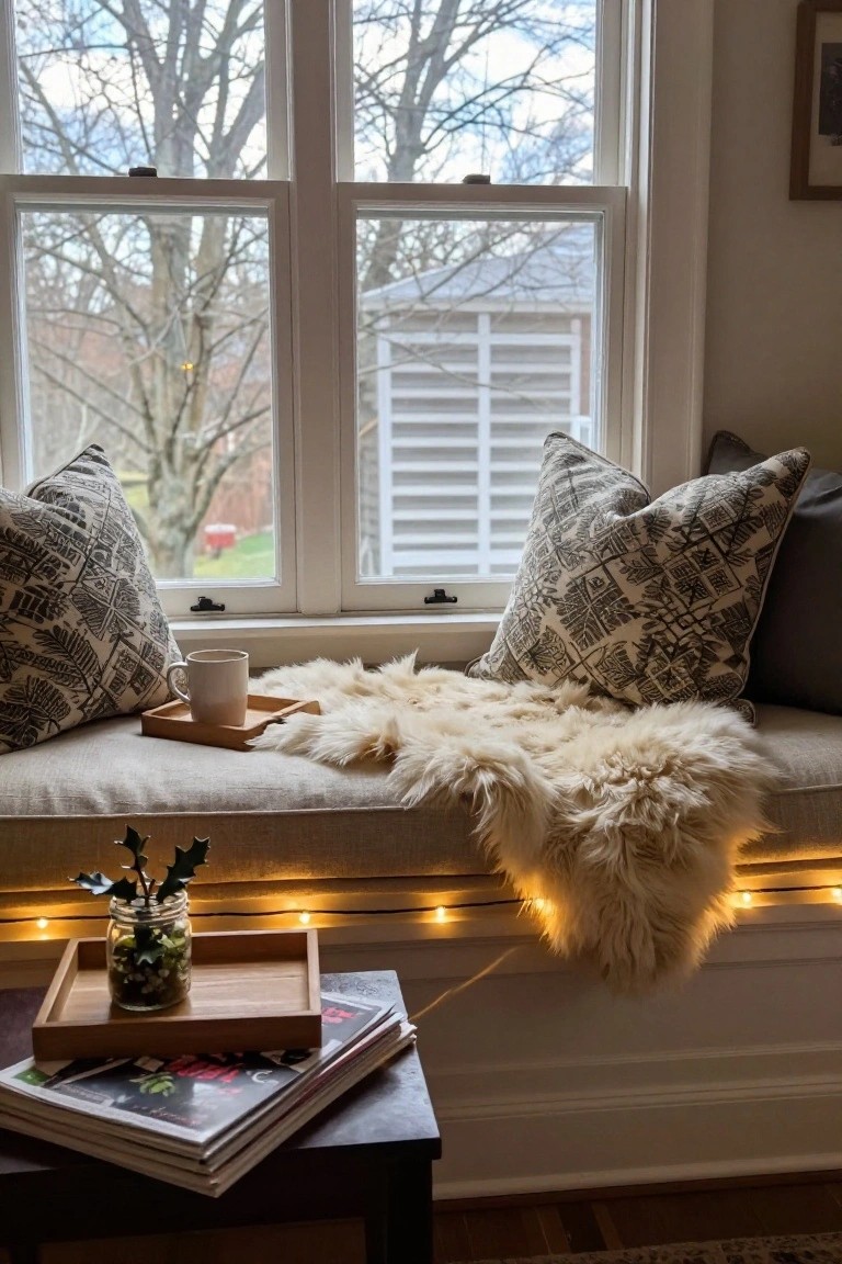 Window seat built into a white-walled room with gray patterned pillows, beige sheepskin throw, white mug on wooden tray, holly plant in mason jar on tray with magazines, and string lights underneath, viewed through large windows overlooking bare trees and a shed in winter light.