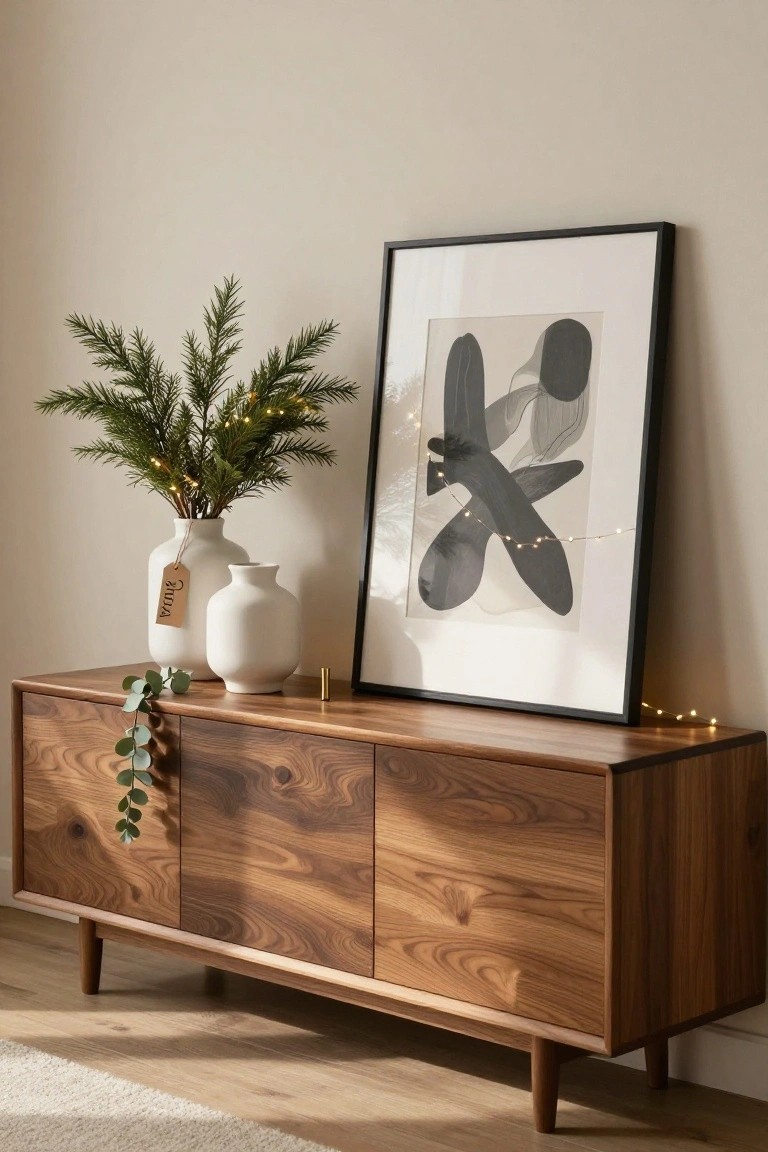 Wooden mid-century style sideboard topped with two white ceramic vases of faux pine branches and eucalyptus, fairy lights draped around, a gold tube, and a large black-framed abstract print on the beige wall beside it.