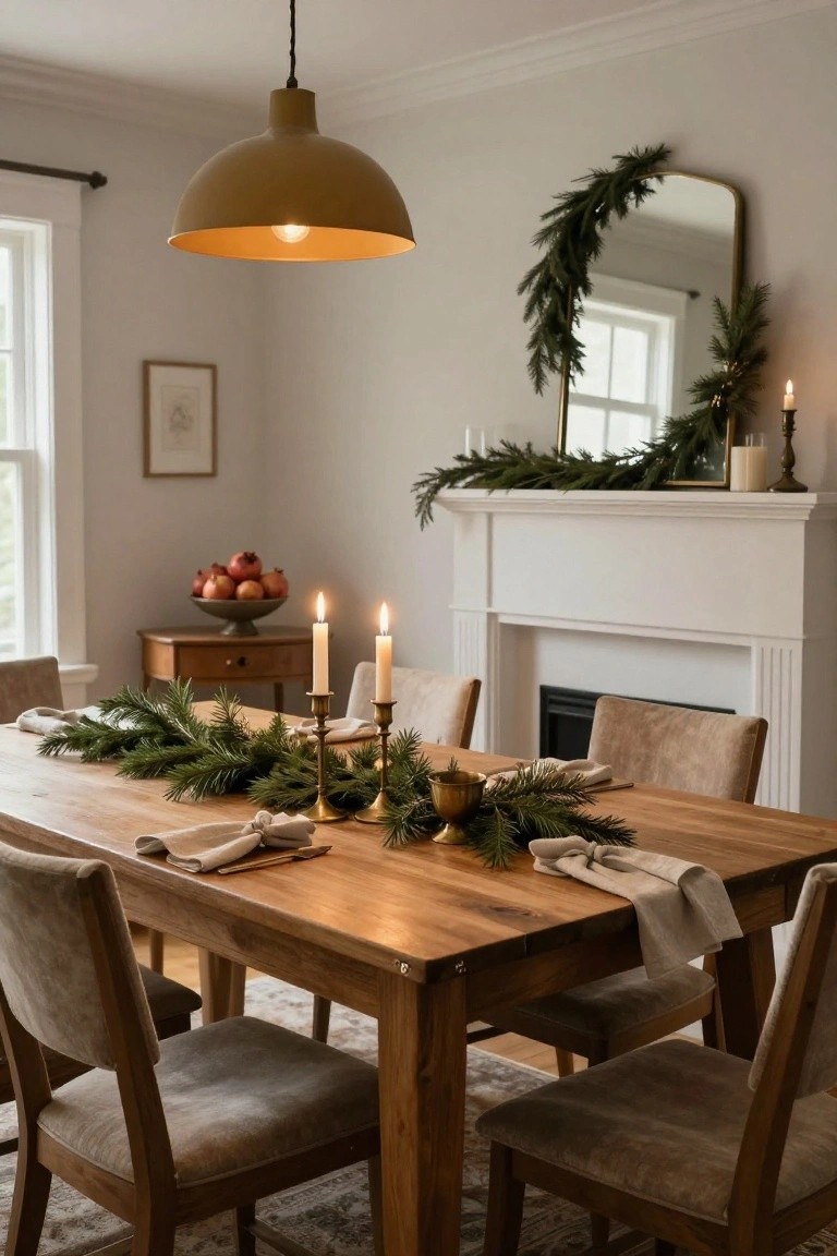 Dining room with wooden table centered under beige pendant light, topped by pine garland runner with brass candlesticks, candles, gold cup, linen napkins, and suede-upholstered chairs; white fireplace mantel with garland, gold mirror draped in greenery, side table with pomegranates and candles.