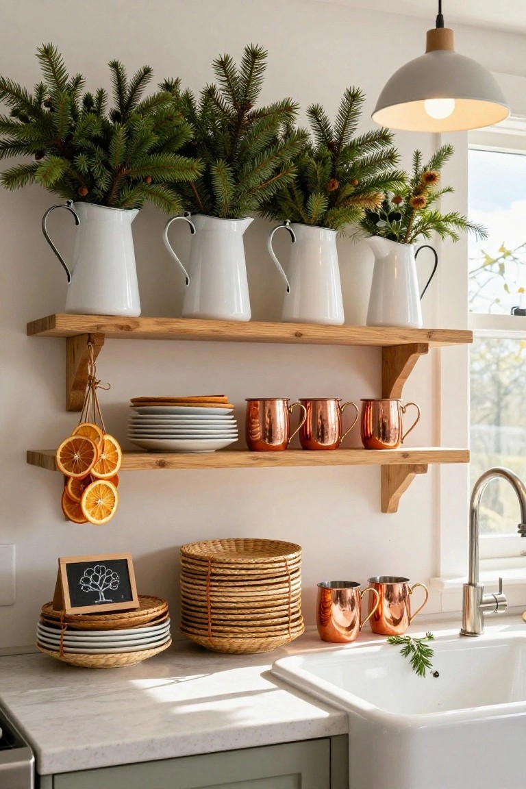 Kitchen open wooden shelves with white pitchers filled with green fir branches and pinecones, hanging dried orange slices, copper mugs, stacked white plates, wicker baskets, and a chalkboard sign above a white farmhouse sink and counter.