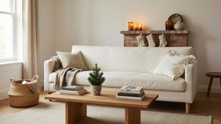 22 Simple Christmas Decor Ideas That Keep It Effortless and Pretty Living room with white sofa, wooden coffee table stacked with books, exposed brick fireplace hung with two cream knit Christmas stockings, neutral candles and plants on hearth and shelves.