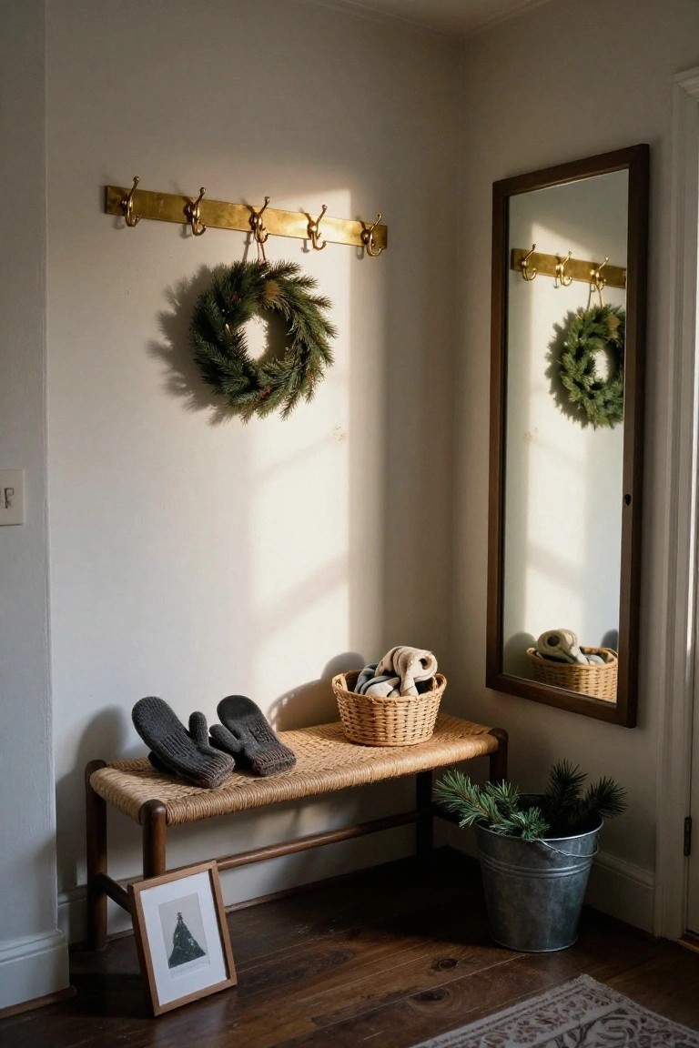 Corner entryway with rattan bench holding woven baskets of gray gloves and towels, black slippers on the floor, gold wall hooks, two evergreen wreaths on white wall and wood-framed mirror, small pine branches in metal bucket, and framed tree artwork.