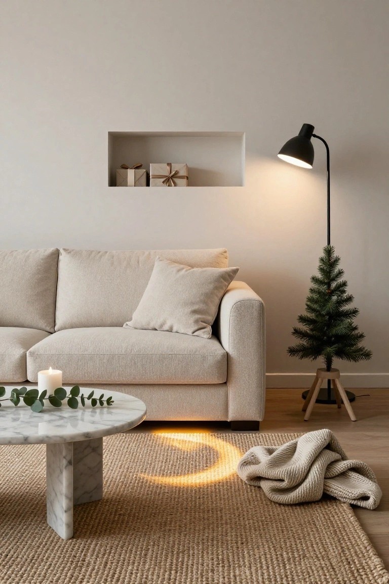 Beige living room with cream sofa, round white marble coffee table holding eucalyptus branches and white candle, small potted Christmas tree on wooden stand, wrapped gifts in wall niche, black arched floor lamp, and cream throw on seagrass rug.