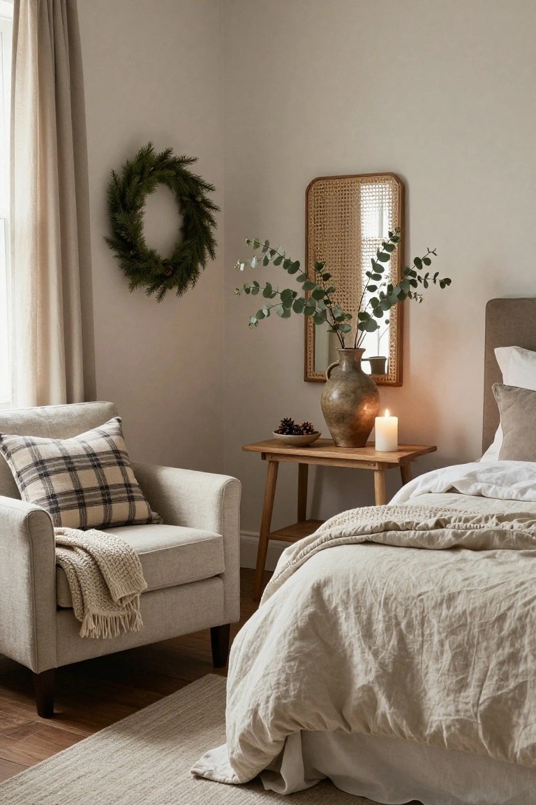 Bedroom corner with beige walls, linen bed, upholstered armchair with plaid pillow and knit throw, wooden side table holding candle pinecones and terracotta vase, rattan mirror with eucalyptus, and evergreen wreath on wall.