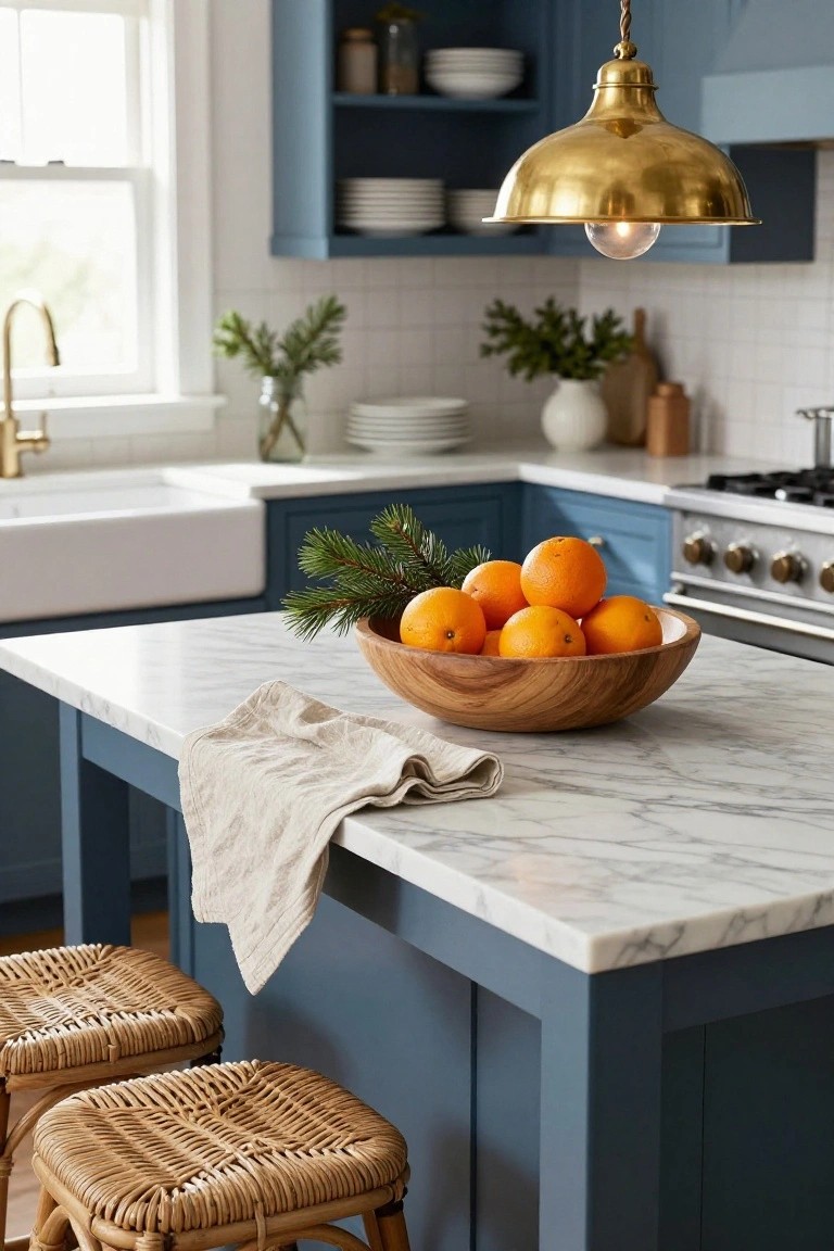 Kitchen island with navy cabinets, white marble countertop holding a wooden bowl of oranges garnished with spruce branches, rattan stools, brass pendant light overhead, and farmhouse sink in background.