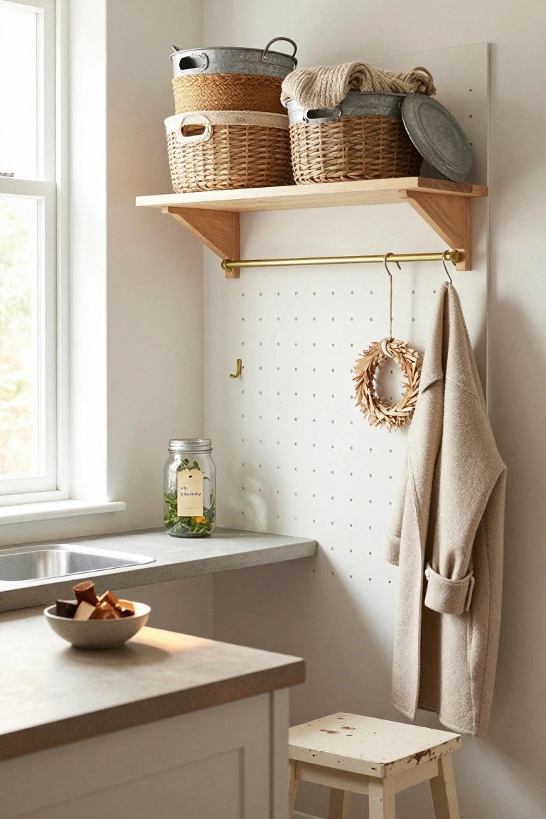 White pegboard wall in kitchen corner with hooks holding beige coat and wheat wreath, wooden shelves above with stacked wicker and metal baskets, sink countertop holding herb jar and nut bowl, wooden stool nearby.