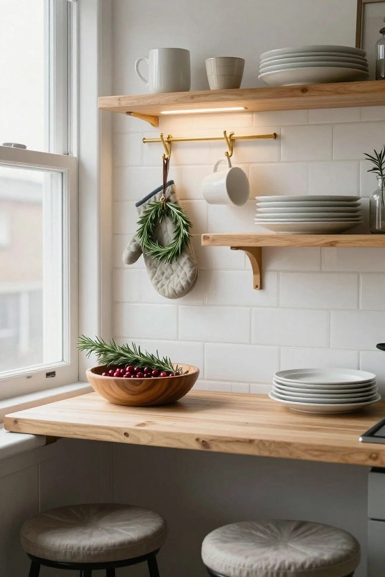 Kitchen nook with wooden open shelves holding white mugs, bowls, and plates, gold hanging rail with white mug and gray oven mitt adorned with rosemary wreath, wooden counter holding carved wooden bowl of red cranberries with rosemary sprigs, two round upholstered stools, white subway tile walls, and large window.