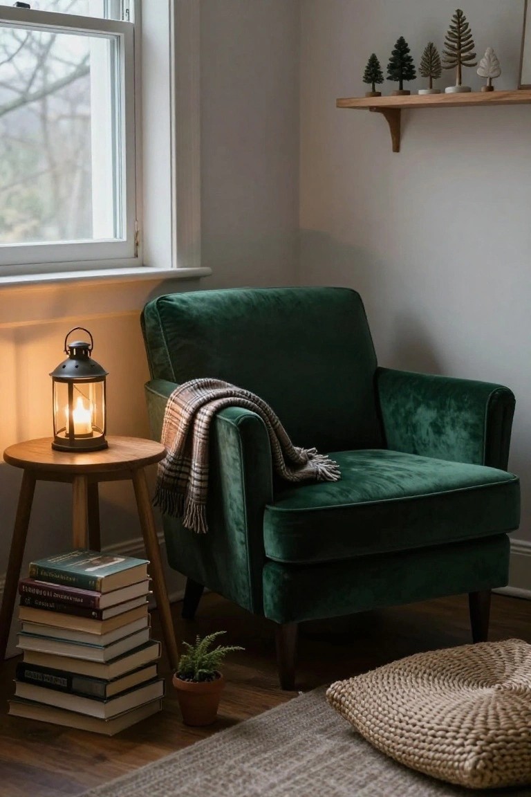 Cozy interior corner featuring a green velvet armchair with plaid throw, wooden side table with lantern candle and stacked books, open shelf above with small Christmas trees in various sizes and finishes, window view, potted plant, and seagrass floor cushion on rug.