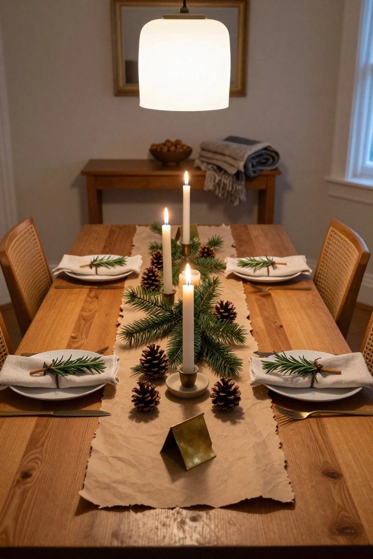 Wooden dining table with kraft paper runner down the center holding fir branches, white pillar candles, pinecones, and gold votive holder, flanked by place settings with white plates, napkins tied with rosemary sprigs, rattan chairs, and lit candles nearby.