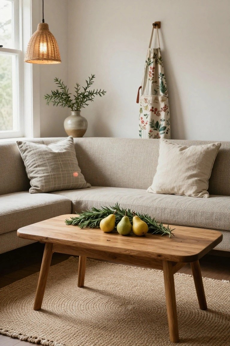 Light living room with beige linen sofa, wooden coffee table holding rosemary branches and three yellow pears, rattan pendant lamp overhead, ceramic vase with greenery on side table, and floral apron hanging on wall.