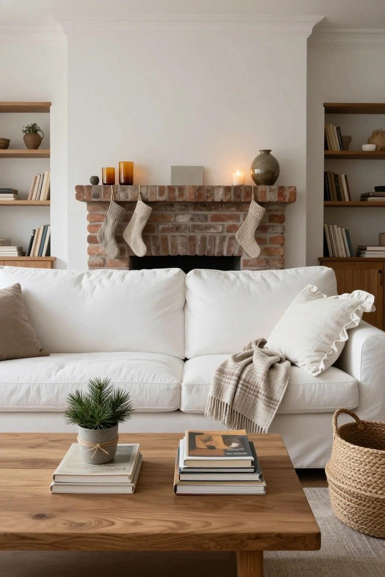 Living room with white sofa, wooden coffee table stacked with books, exposed brick fireplace hung with two cream knit Christmas stockings, neutral candles and plants on hearth and shelves.