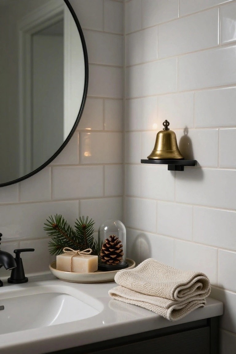 White subway tile bathroom corner featuring round black mirror, gold bell on black wall shelf, black faucet over white sink with plate holding twine-wrapped soap bar, pinecone in glass dome, pine branches, and folded beige towels on counter.