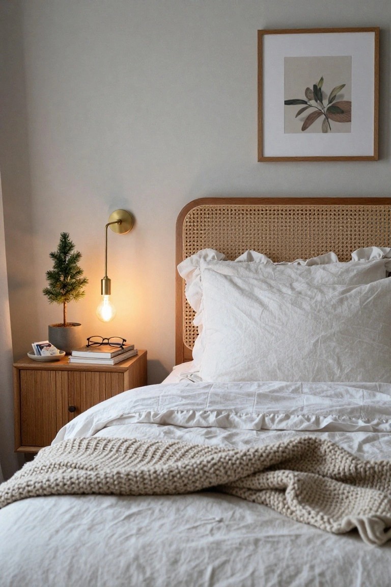 Wooden nightstand in a bedroom holding a small potted Christmas tree, books, eyeglasses, small plates, and a lit gold wall lamp next to a rattan headboard with white ruffled pillows and beige knit throw on white bed linens.