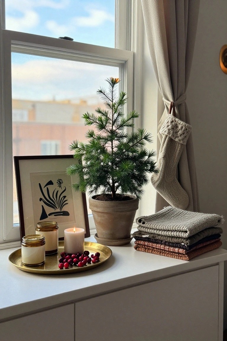 Small potted evergreen tree on a windowsill with beige curtains, gold tray holding candles and red cranberries, framed abstract art, knit stocking hanging nearby, and stacked knit blankets on white cabinet below.