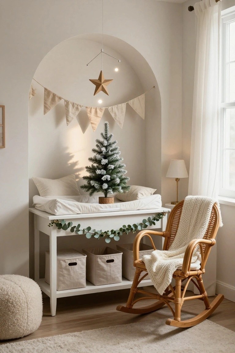 Neutral-toned nursery corner with a small frosted artificial Christmas tree on a white changing table dresser, flanked by cream storage bins, a rattan rocking chair with a white blanket, and a cream pouf on a light wood floor.