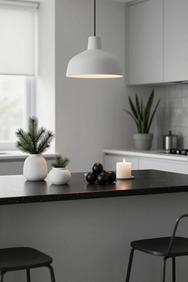 Modern kitchen island with black granite countertop holding two white ceramic pots with fir branches, clustered black Christmas baubles, and a white pillar candle on a saucer, plus black bar stools and a white pendant light overhead.