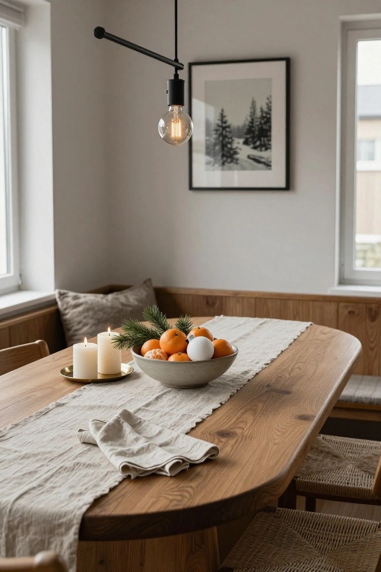 Wooden oval dining table in a built-in paneled bench nook with rattan chairs, centered with a gray bowl of oranges, white pillar candles on a gold tray, pine branches, linen runner and napkins, under black pendant lamp with exposed bulb, winter forest print on wall, large windows nearby.
