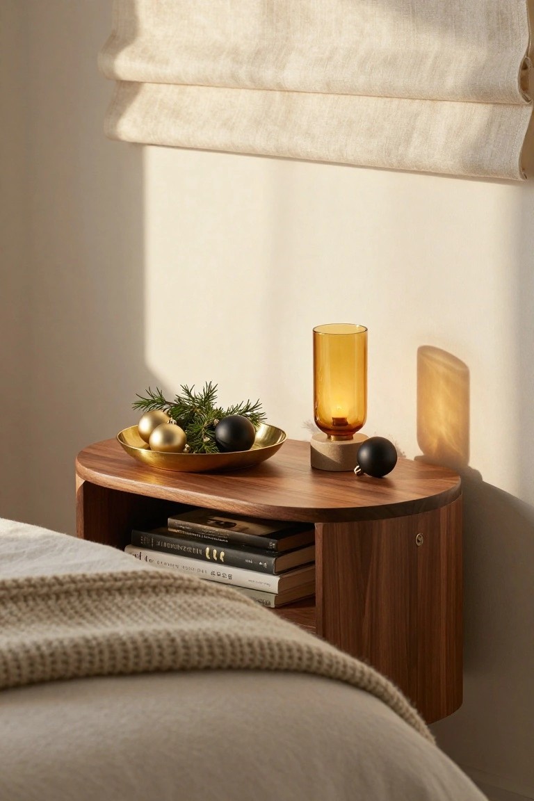 Curved wooden nightstand next to a bed with beige linens, topped by a brass bowl containing gold and black Christmas baubles and fir sprigs, an amber glass lamp on a stone base, and a black ornament, with stacked books in the shelf below and light filtering through beige blinds.