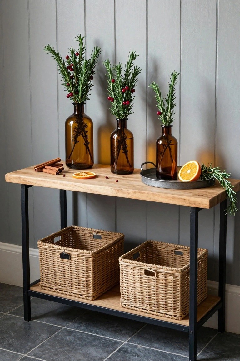 Wooden console table against gray wood-paneled wall holding amber glass bottles with rosemary sprigs and red berries, a metal tray with orange slices and cinnamon sticks, and two woven baskets on the lower shelf.